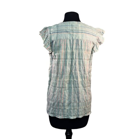 Loft Womens Size Small Ruffled Sleeve Plaid Top With Keyhole Neck - Picture 6 of 7